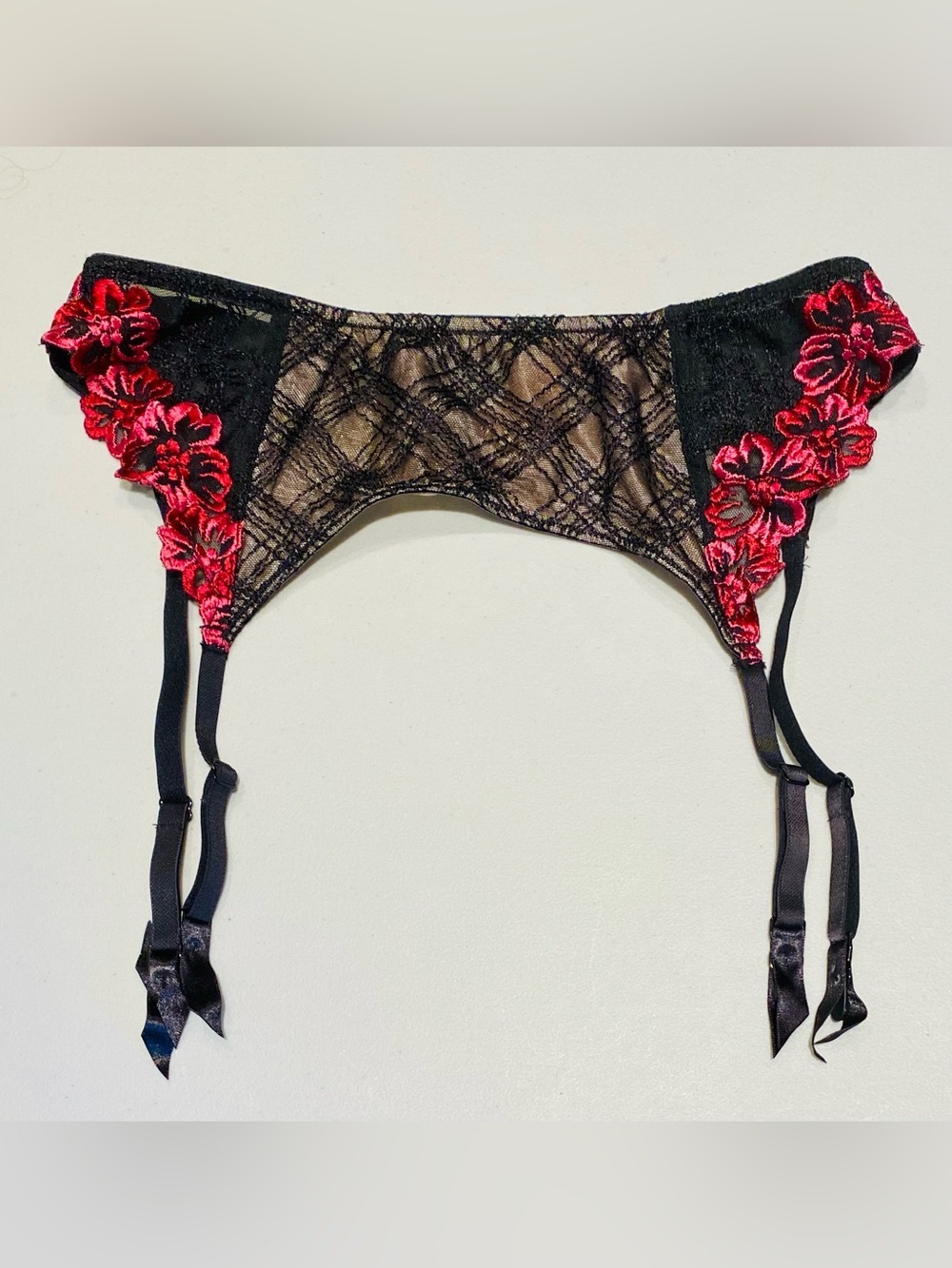 Victoria's Secret Black Lace Garter Belt with Red Floral Accents
